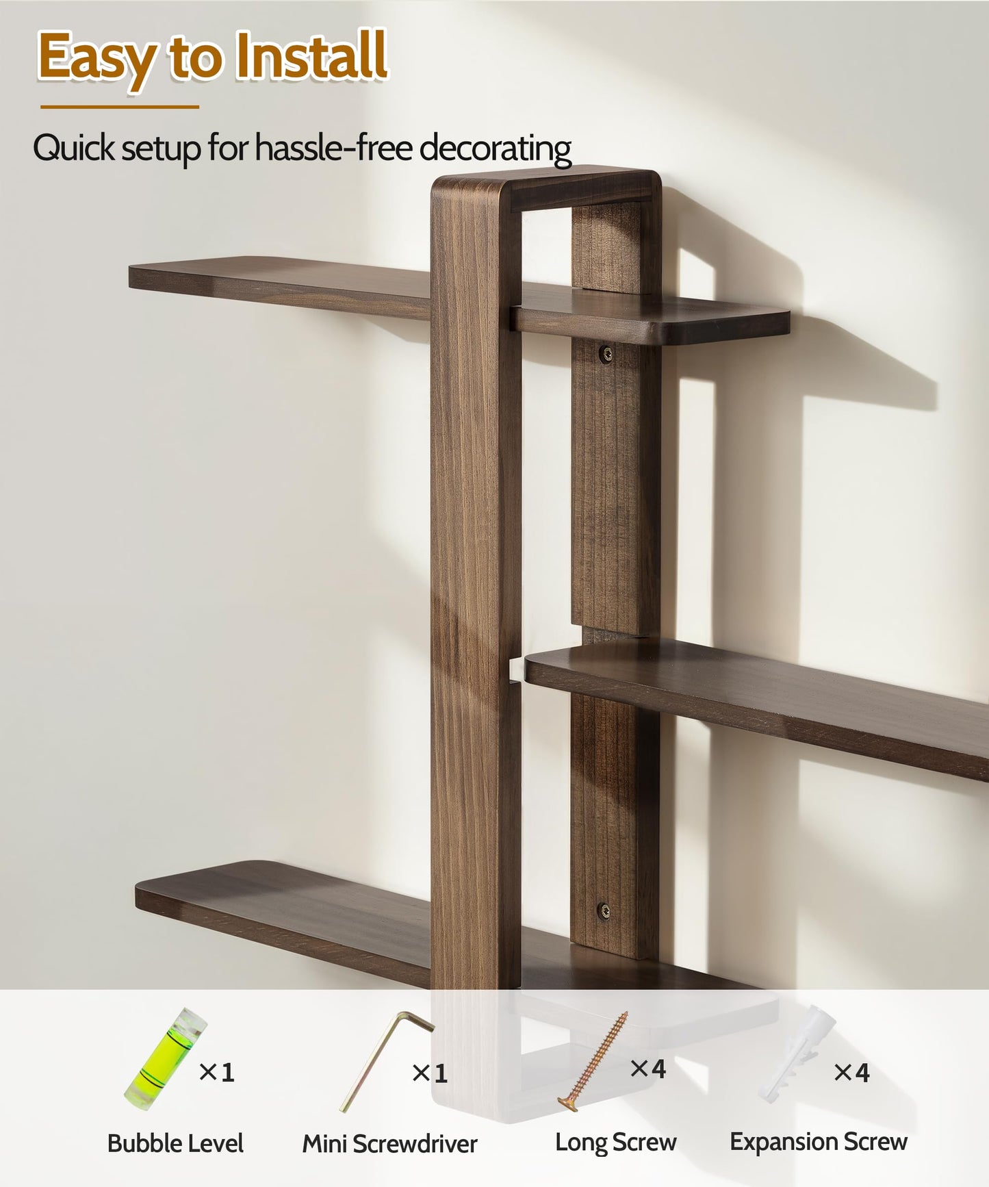 SUMGAR Floating Shelves for Wall Walnut Mounted Shelf Unit for Living Room Bedroom Bathroom Mid Century Modern Decorative Storage Plant Photo Display Home Decor 3 Tier Large 20in All Pine