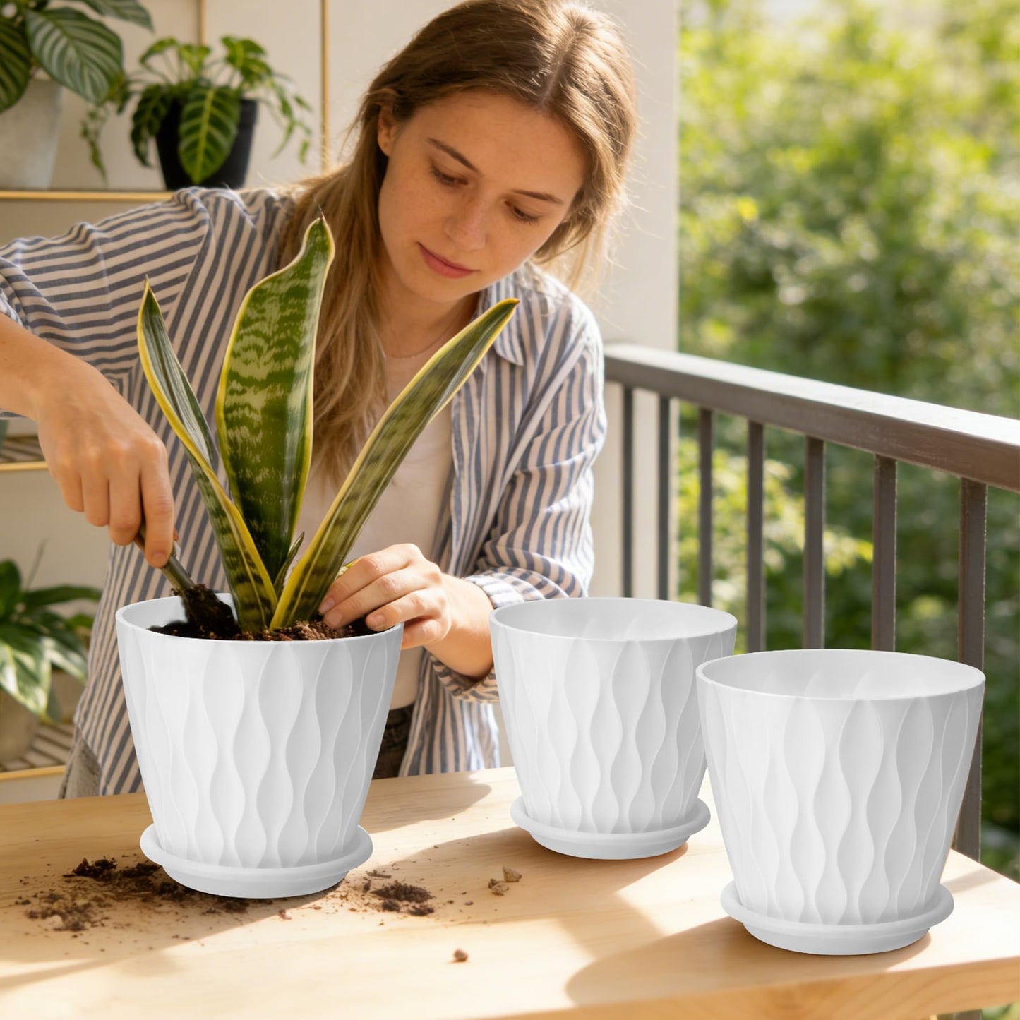 YNNICO 6 inch Plant Pots, 6 Pack Flower Pots Outdoor Indoor, Planters with Drainage Hole and Tray Saucer-White