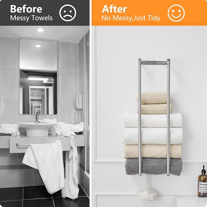 BWE Brushed Nickel Towel Racks for Bathroom, 28" Stainless Steel Bathroom Towel Holder for Rolled Towels, Wall Mounted Towel Storage for Bathroom with 2 Hooks, 6 Large Bath Towels Capacity