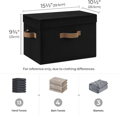 StorageWorks Fabric Storage Bins with Lid, Decorative Storage Boxes for Shelves, Stackable Closet Organizer Basket with Handles, Large, Black, 2-Pack