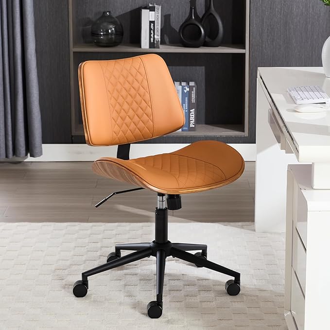 Home Office Chair No Arms with Wheels, Adjustable Height PU Leather Mid Back