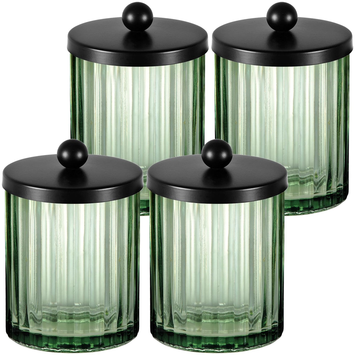 Amolliar Sage Green Glass Apothecary Jar, Qtip Holder Dispenser for Cotton Swabs, Balls, Makeup Pads, Floss Picks, Bathroom Essential Accessories, Countertop Canister Storage Organizer (Black, 4 Pack)