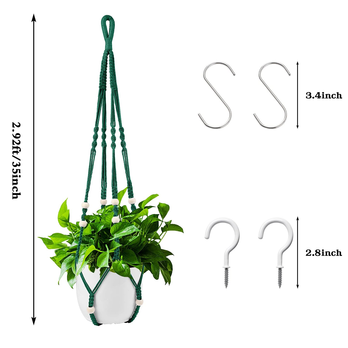Augshy Macrame Plant Hangers Dark Green Hanging Planters for Indoor Outdoor Home Decor, Hanging Plant Holder No Tassels Set of 2 with 4 Hooks