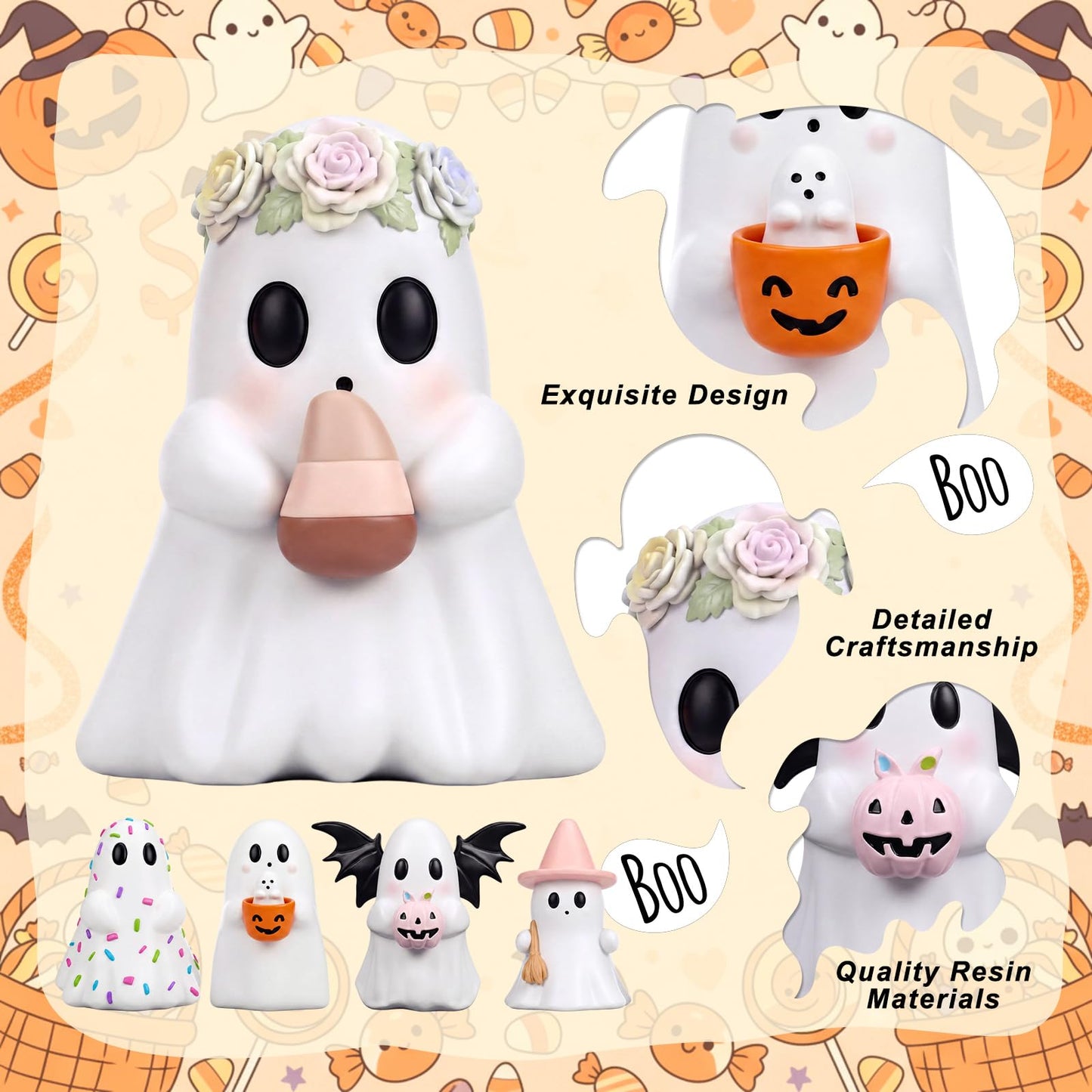 Simgoing 5 Pcs Halloween Cute Ghost Figurines Resin Pastel Halloween Decorations Ghost Figurine with Pumpkin Bucket, Witch Hat, Bat, Candy, Flower Spooky Statue Home Decor for Table Tiered Tray Mantel