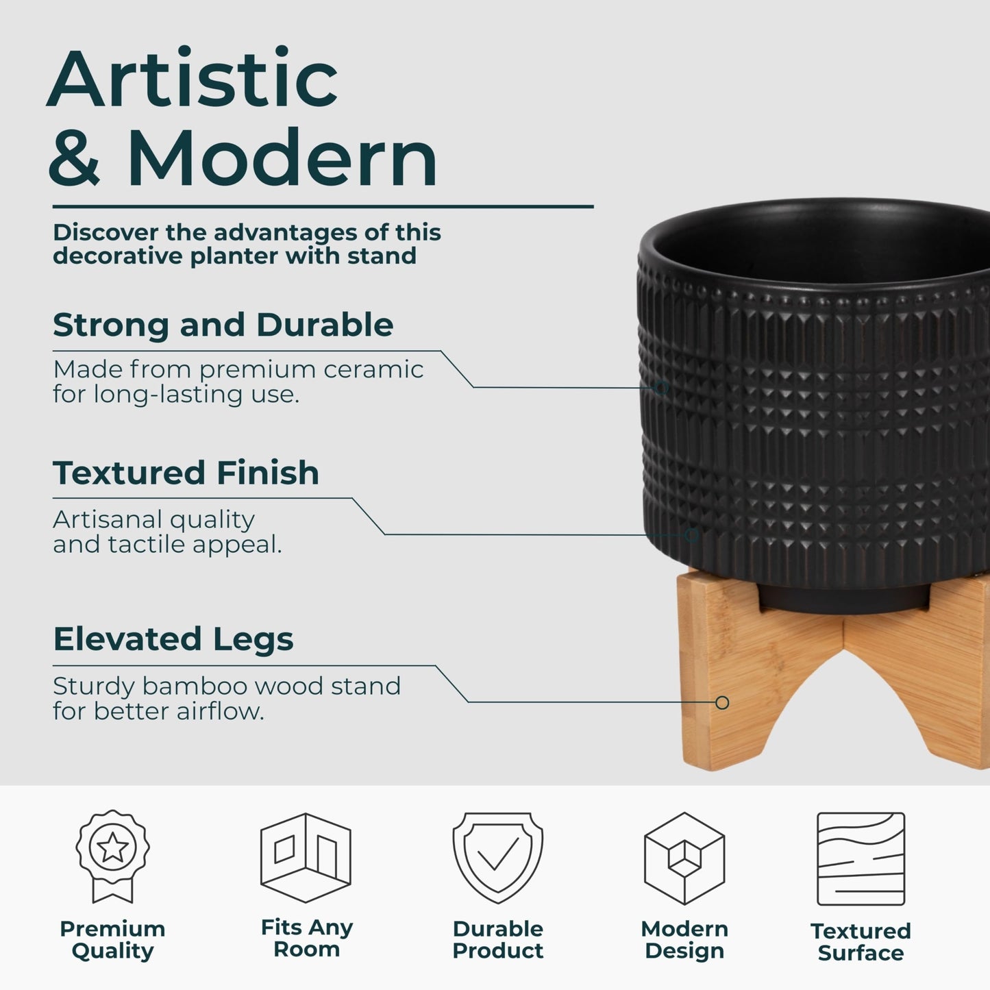 Ceramic Planter With Bamboo Stand – Plant Stand Indoor For Tabletop Display, Living Room, Bedroom, Or Office Shelf, Modern Black Planter Home Decor Accent – 5.5", Black