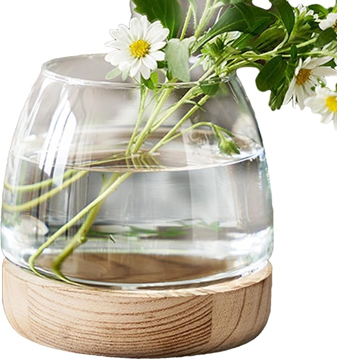 Glass Fish Bowl with Wooden Base, Transparent Small Aquarium Desktop Tank Vase Plant Terrarium Vase Home Decor, Multipurpose Aquarium Bowl for Betta Fish Goldf-ish