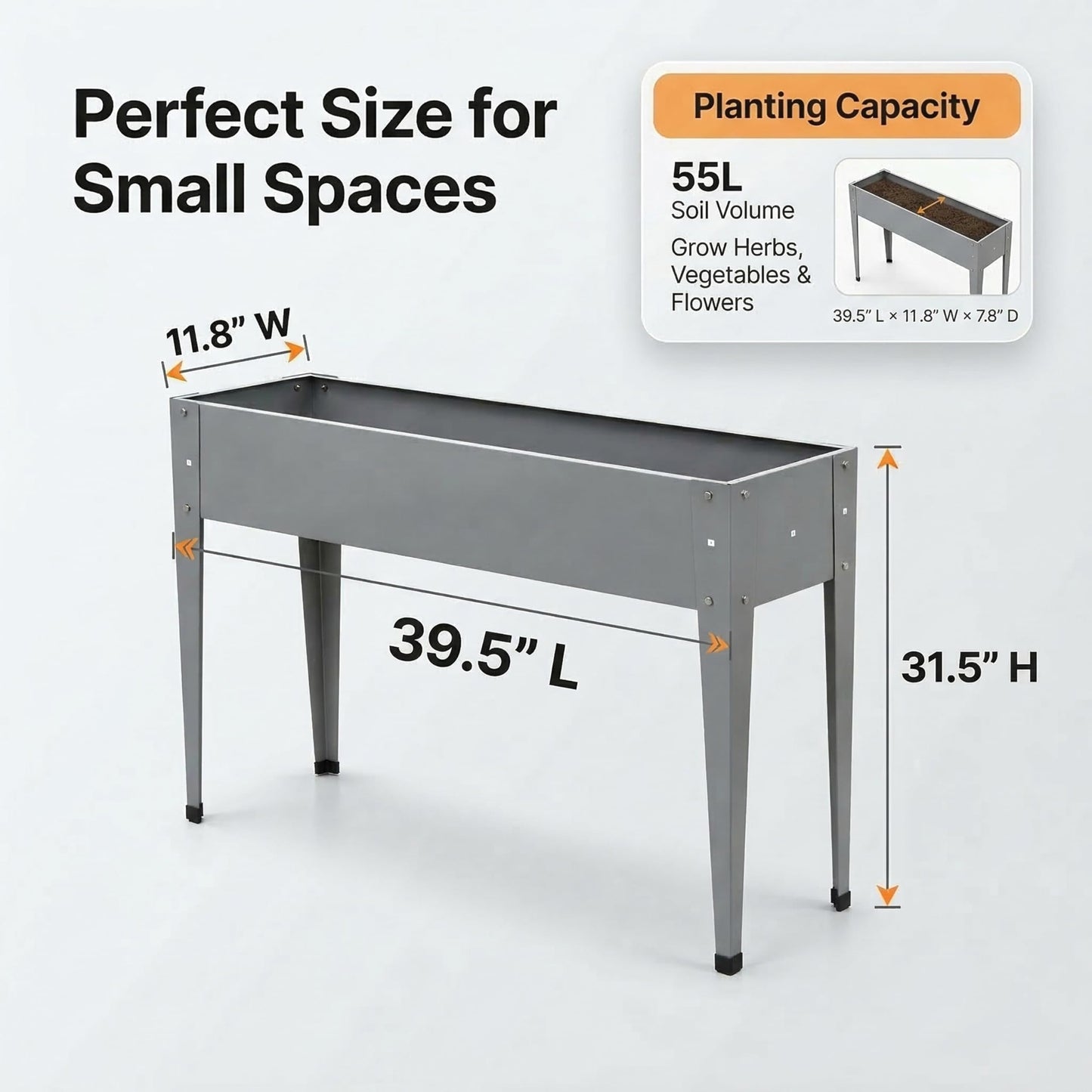 Gardzen Elevated Garden Bed Outdoor, Metal Herb Planter Box with Legs, Galvanized Steel Raised Planter, Drainage Hole, Easy Assembly Standing Planter for Patio Balcony Backyard, 40x12x31 in