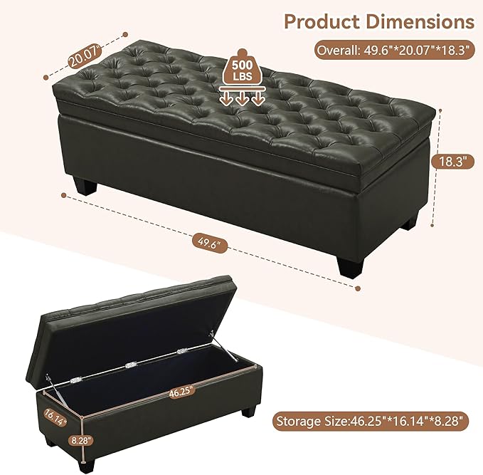 WUTUTUEE 50" Faux Leather Storage Ottoman Bench, End of Bed Upholstered