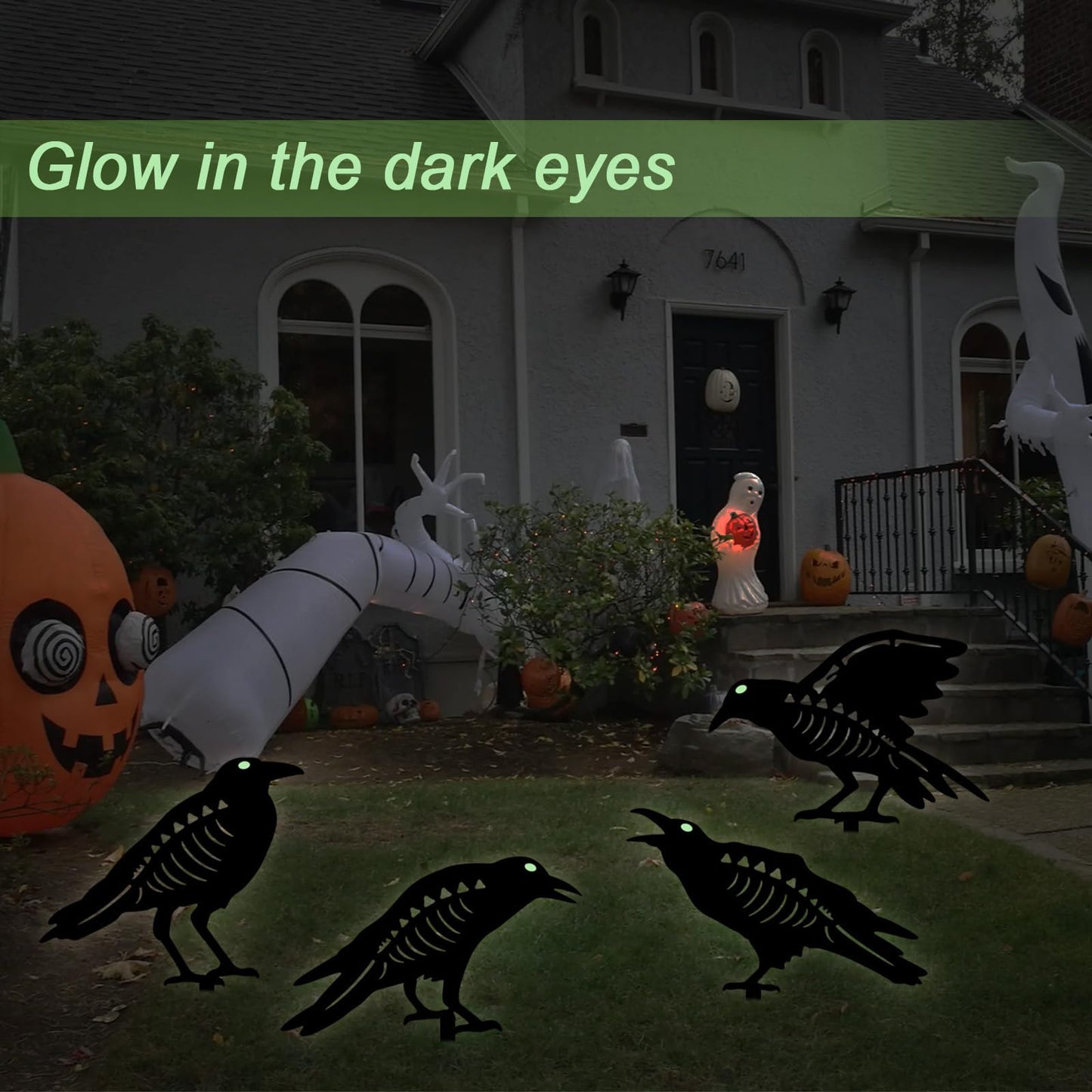 Hokfirm Halloween Black Crow Garden Stake Decor 4 Pack Scary Raven Silhouette Metal Yard Signs with Glow-in-The-Dark Eyes for Outdoor Halloween Decorations (Crow Black)