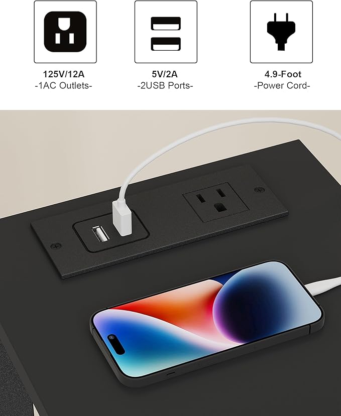 TUTOTAK Small End Table with Charging Station, Narrow Side Table with USB Ports