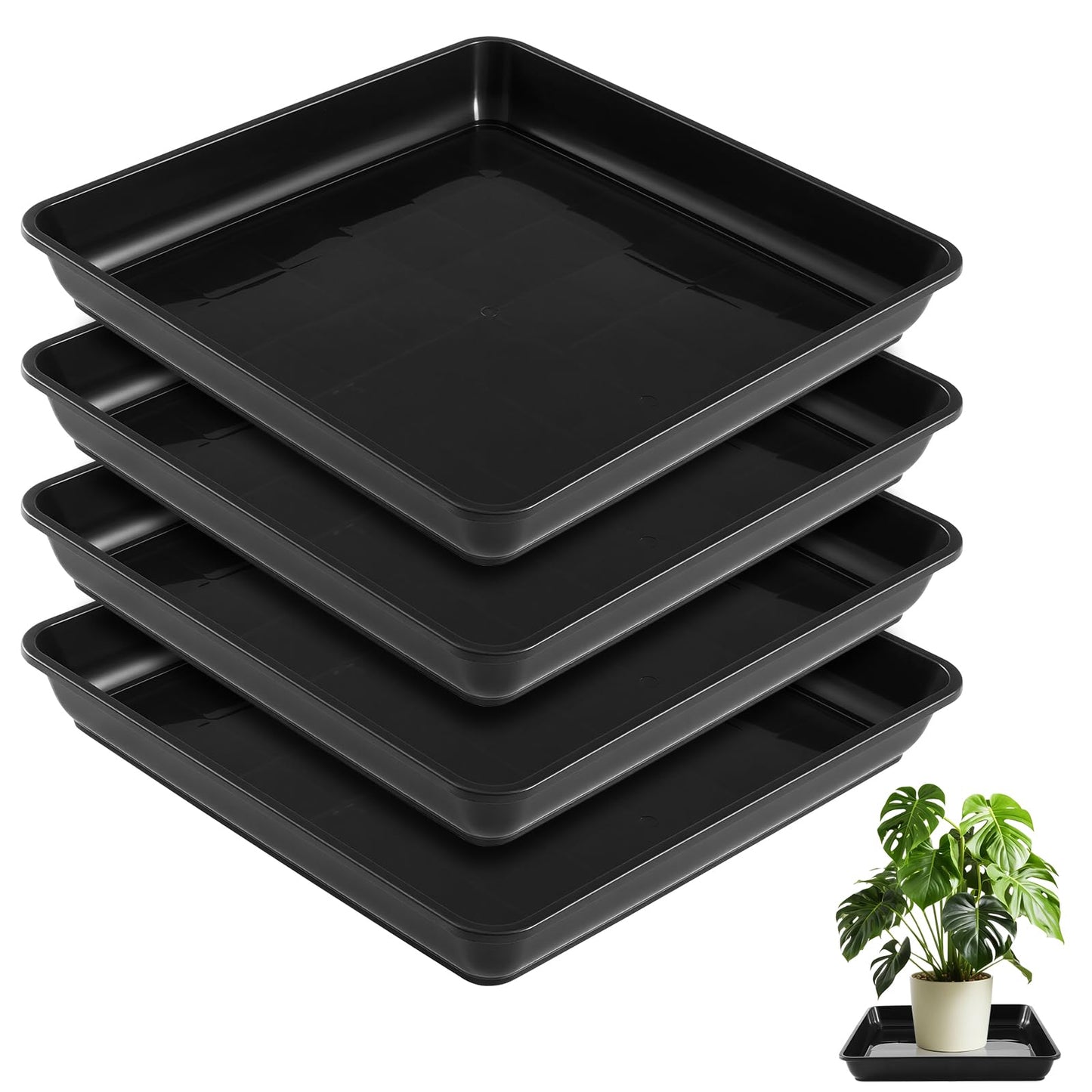 Vesici 4 Pack Large Squared Plant Saucer 23.6 x23.6”x 3” Black Plastic Garden Square Potting Tray for Indoor Outdoor Plant Water Receiving Tray for Flower Pot Planter, Windowsill