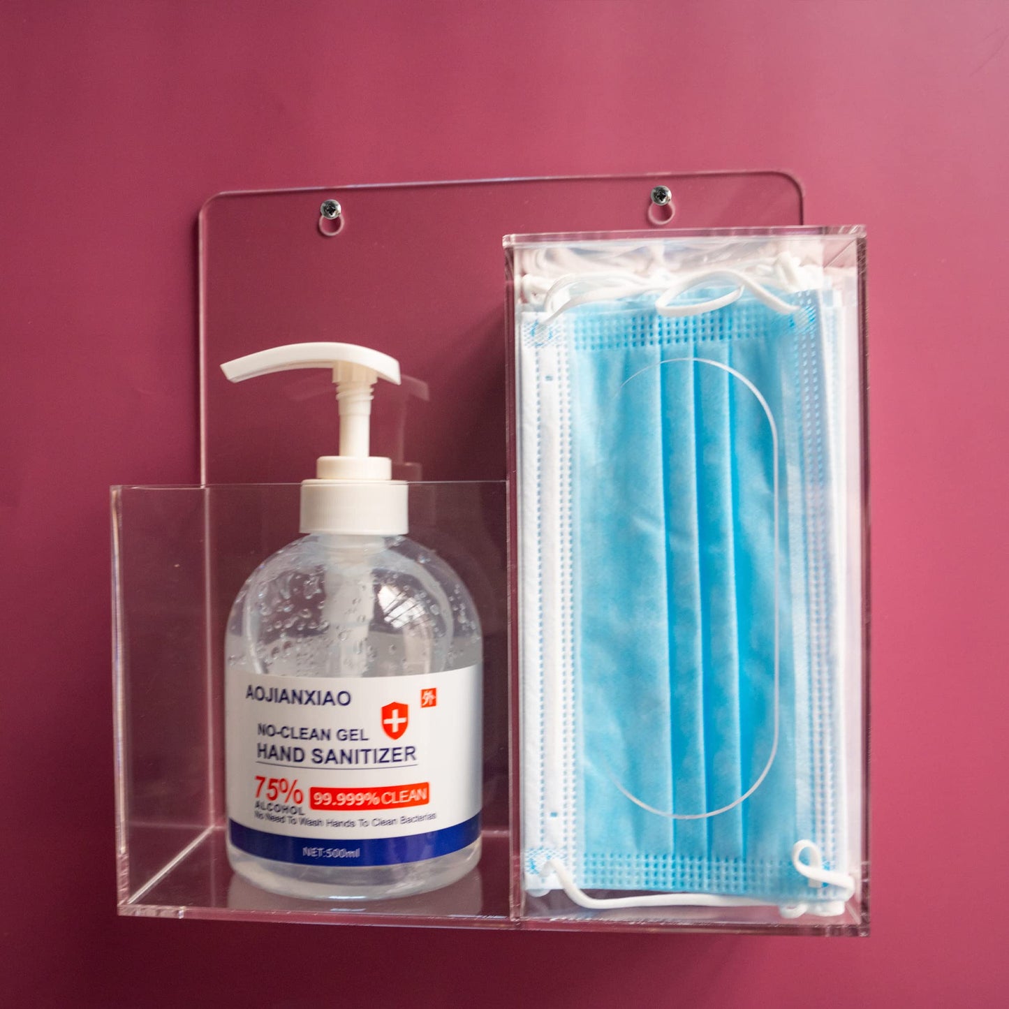 Koemehr Mask Dispenser and Hand Sanitizer Acrylic Mask Storage Box Holder Stand Wall Mount or Countertop，Hygiene Station with 2 Compartment Clear Box for Home，Office，Car
