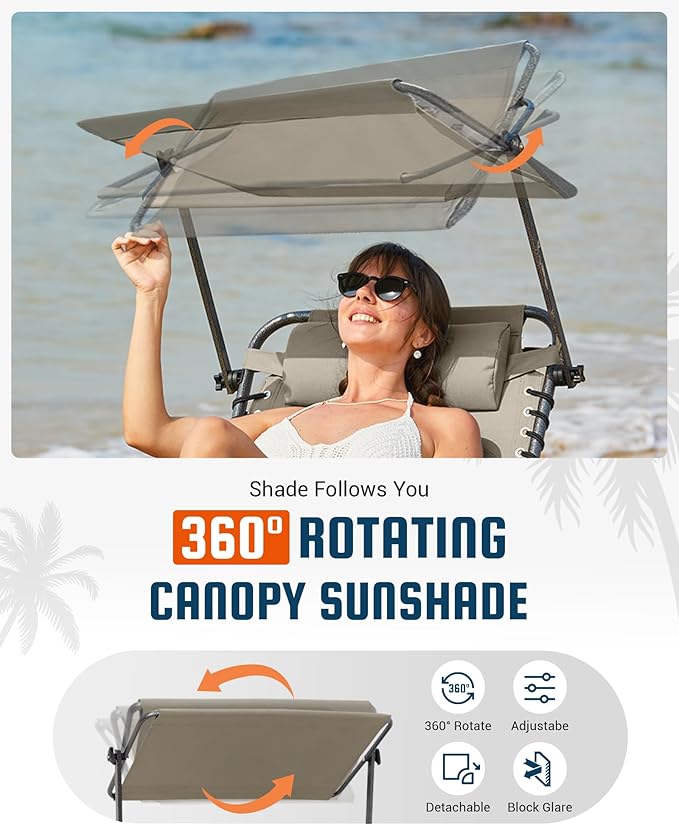 KingCamp Lounge Chair with face Hole & Canopy Shade, 400LBS Folding Portable