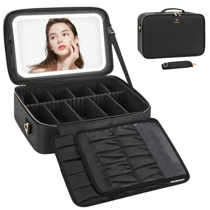 Relavel Travel Makeup Bag With LED Mirror, Cosmetic Train Case with Light up Mirror, Portable Makeup Artist Organizer Bag with Adjustable Dividers, Makeup Brush Holder Storage, Black