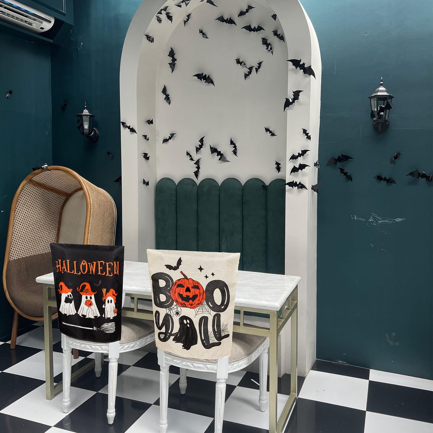JarThenaAMCS 4Pcs Halloween Chair Covers Spooky Ghost Boo Y' All Seat Covers Washable Black Dining Chair Slipcover Protector for Home Kitchen Decor