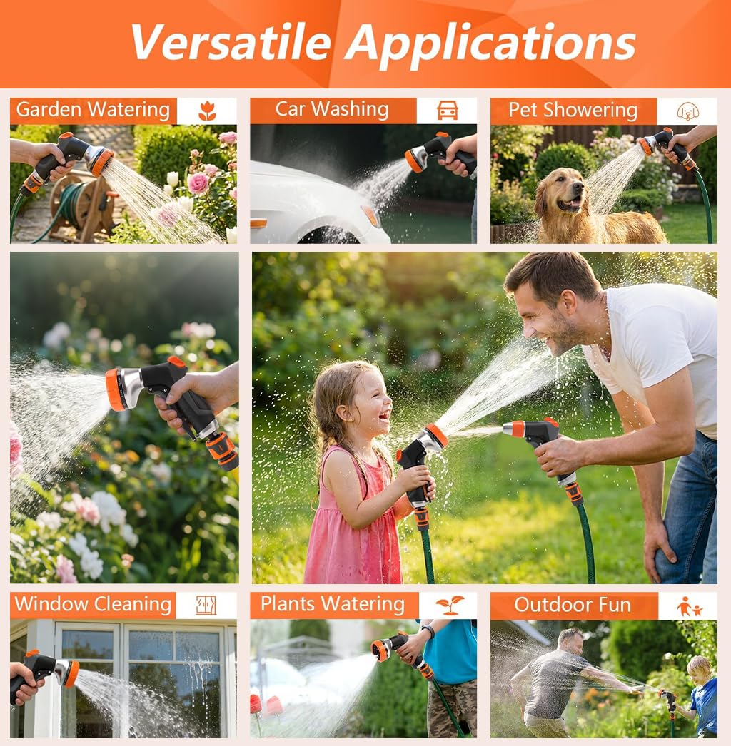 HOOFUN 2 Pack Garden Hose Nozzle: High Pressure Water Hose Sprayer with 10 & 2 Spray Patterns - Lightweight & Rust-Proof Handheld Spray Gun (Black)
