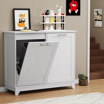 Double Tilt Out Trash Can Cabinet with Charging Station, Negative Ion Odor Control, Hidden Dual 10-Gallon Recycling Cabinet, Dog Proof Garbage Can for Kitchen, Laundry, Dining Room,White