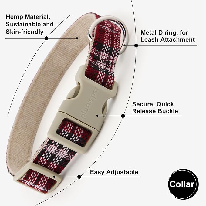 Plutus Pet Cotton Hemp Dog Collar and Leash Set, Adjustable Collar for Small, Medium, and Large Dogs, Heavy Duty and Soft on Skin, Red Plaid, L