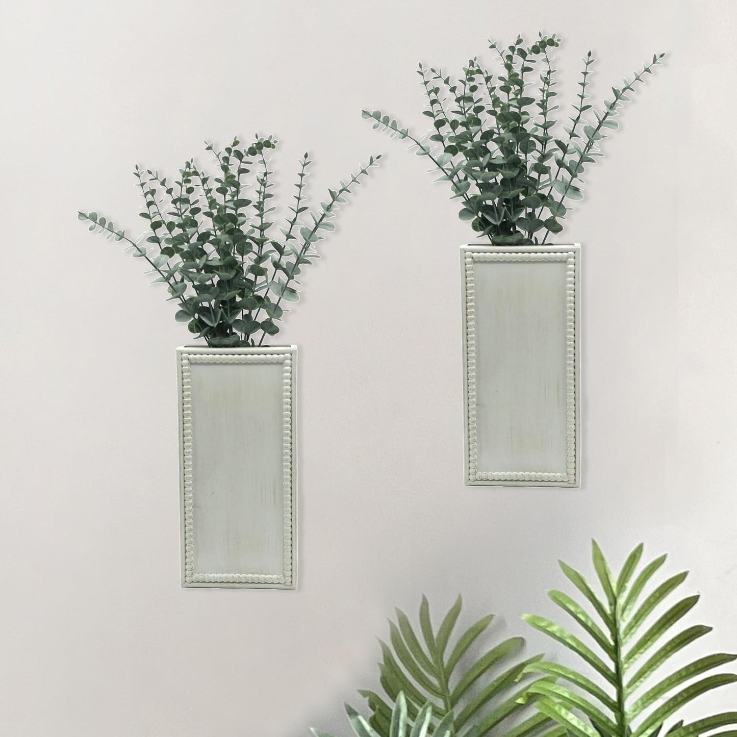 dugunusu Wood Wall Planter Set of 2, Farmhouse Wall Hanging Decor Pocket Planter for Greenery and Dried Flowers, Rustic Indoor Wood Hanging Vase (White)