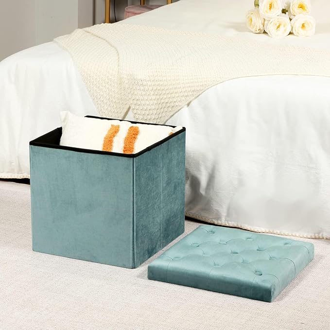 B FSOBEIIALEO Storage Ottoman Cube Velvet Tufted Folding Ottomans Footstool