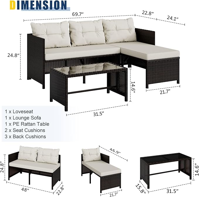 Vongrasig 3 Piece Patio Furniture Sets, All-Weather PE Wicker Outdoor Sofa