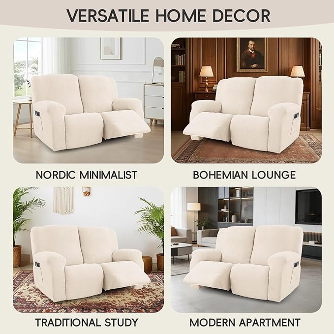 Recliner Loveseat Covers, 4-Piece Stretch Geometric Strokes Jacquard Reclining