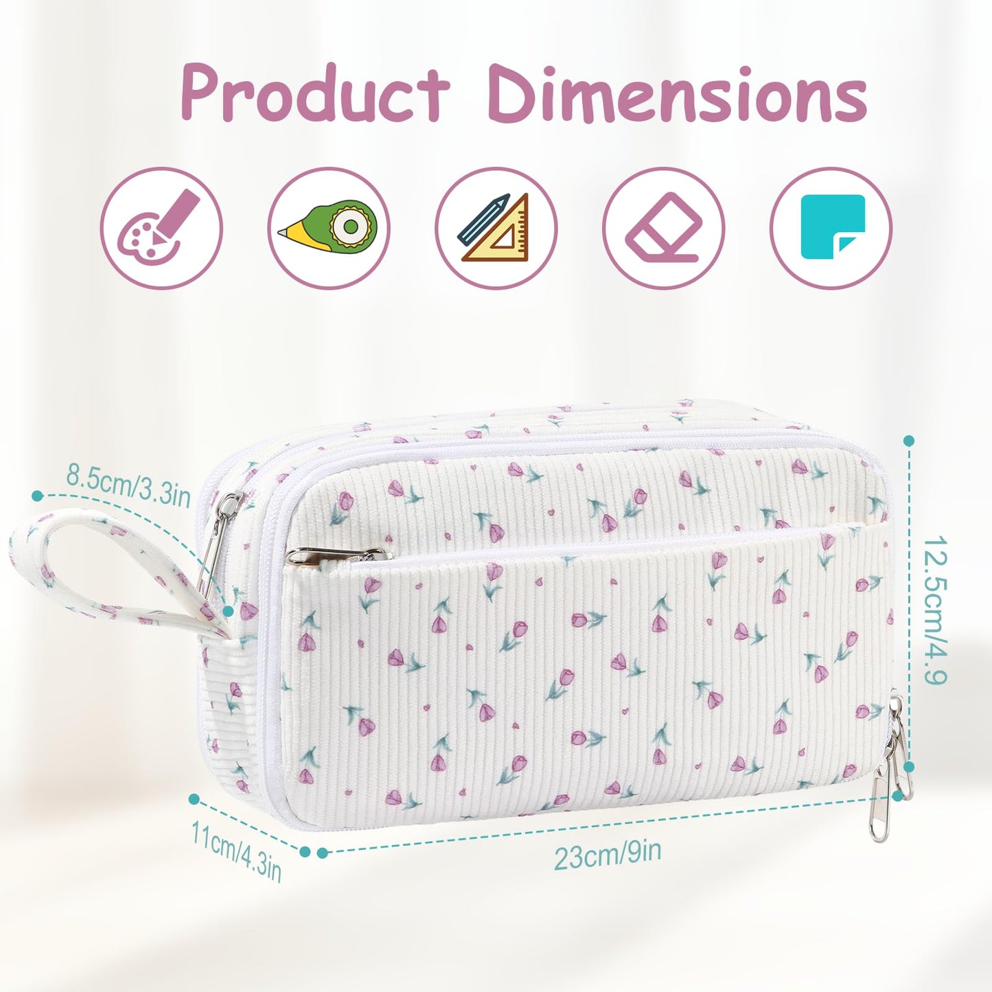 BuyCard Big Capacity Pencil Case, Corduroy Fabric, White with Purple Floral Pattern, Pencil Bag with Zipper Closure, Graduation Gift Office Stationery Storage Pen Pouch