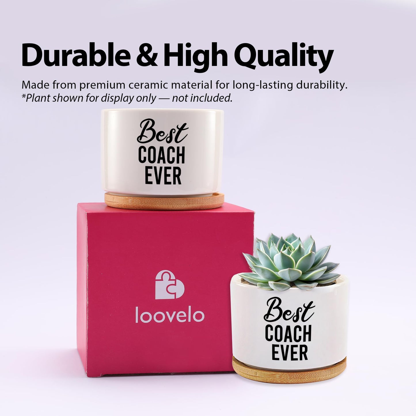 Best Coach Ever Coach Gifts Ceramic Succulent Plant Pot with Bamboo Tray Round Sports Gym Instructor Basketball Volleyball Football Soccer Home Office Decor Plant Lover 3.5 Inch White (No Plants)