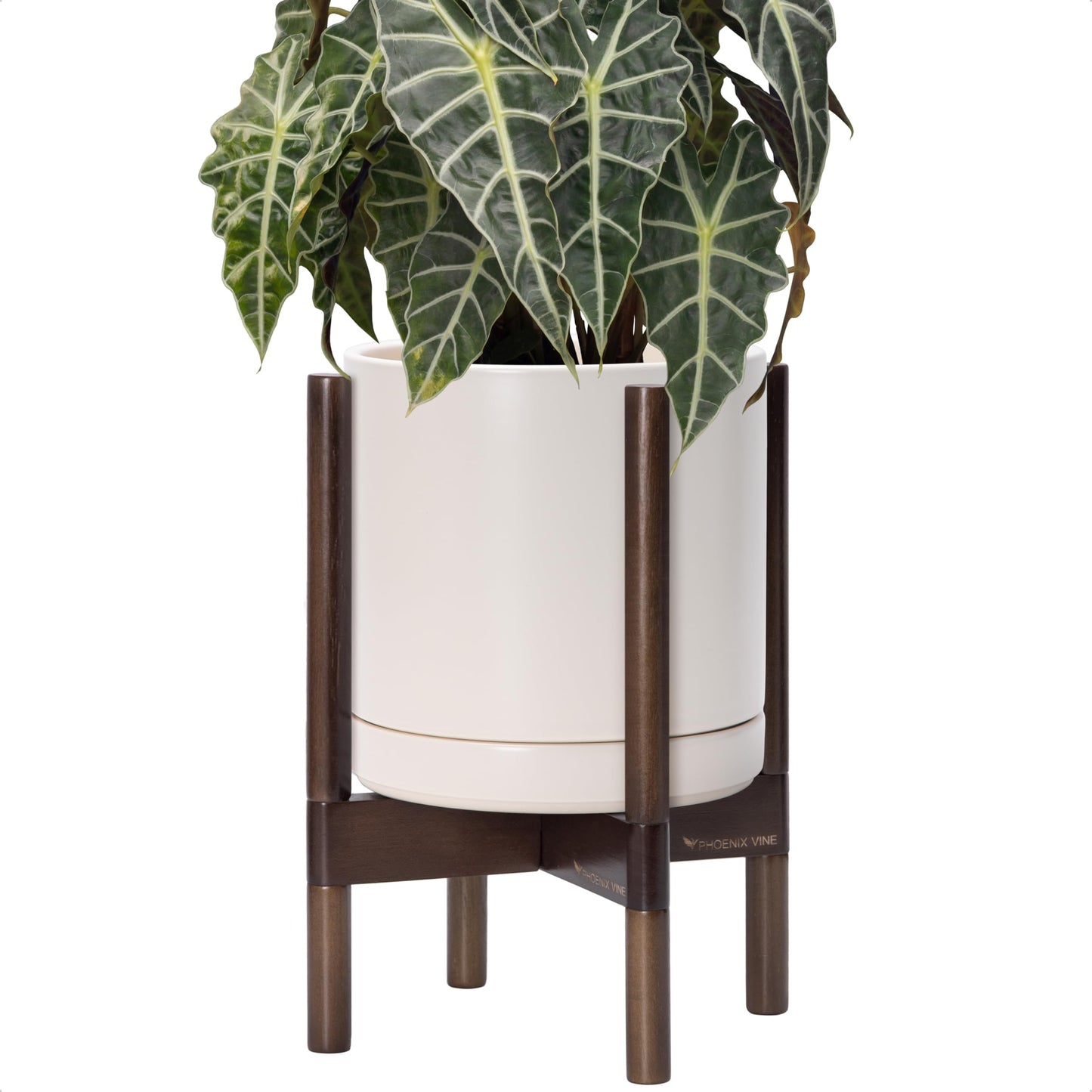 D'vine Dev Ceramic Planter with Walnut Color Stand - 10 Inch Modern Round Flower Pot with Wood Planter Holder, Oatmeal, 55-B-X-8