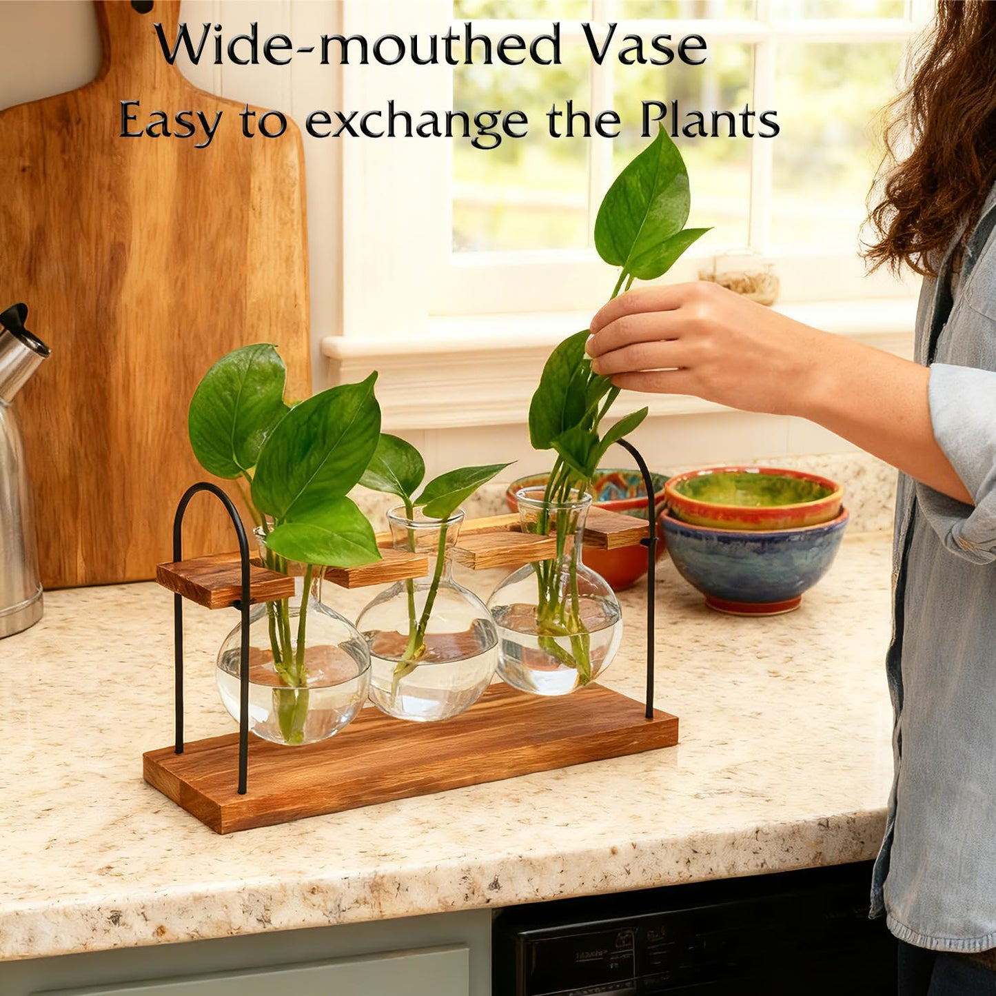 Plant Terrarium with Wooden Stand, The Ultimate Gift for Plant Lovers, Propagation Station with Retro Glass Bulbs, Creating a Stunning Tabletop Display of Hydroponic Greenery in Any Home or Office