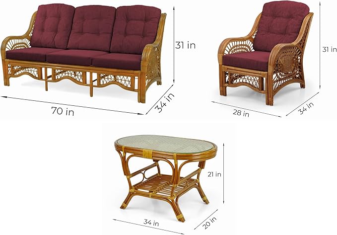 Malibu Lounge Set of 4: 2 Natural Rattan Wicker Chairs, Three-Seater Sofa