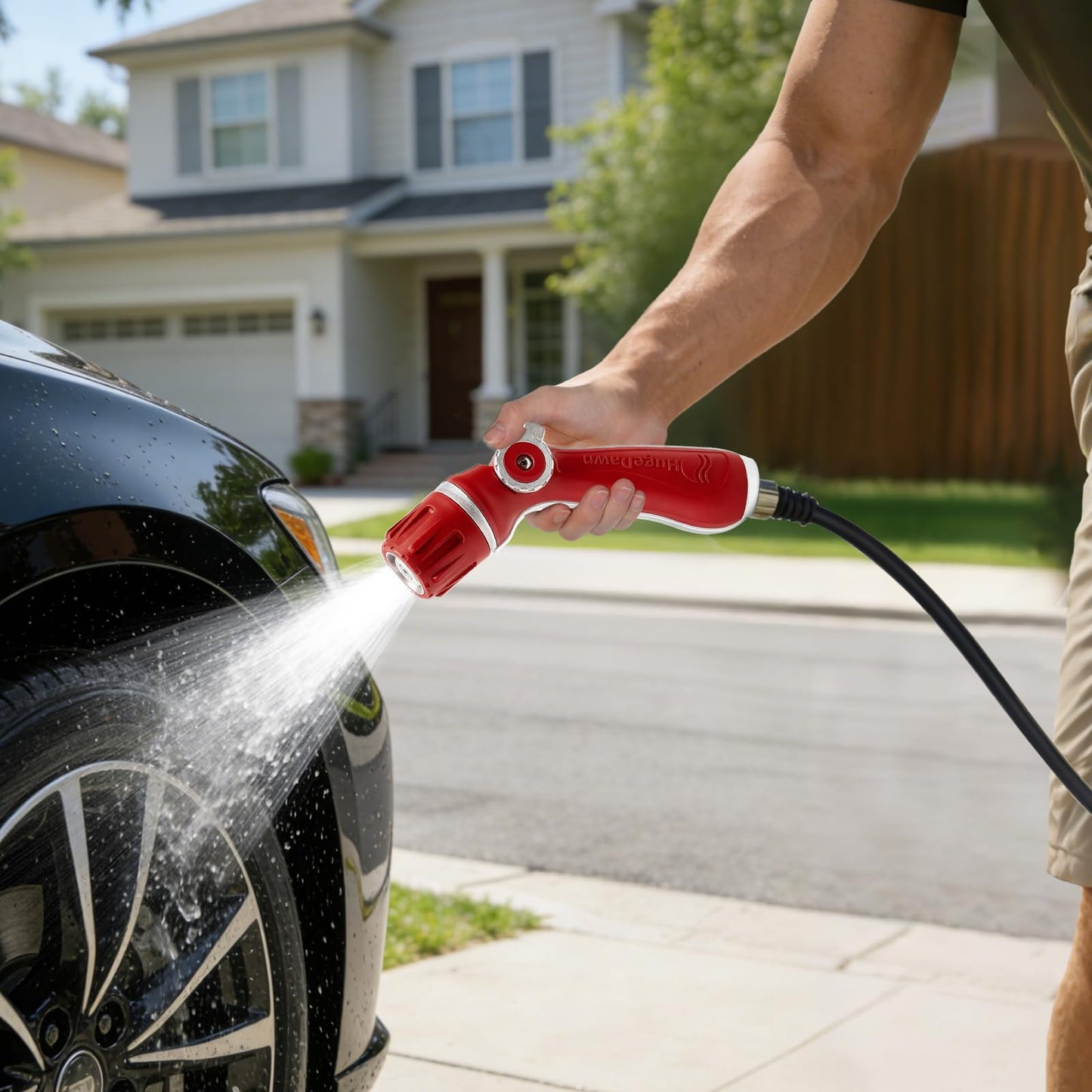 HugeDawn Garden Hose Nozzle, Heavy Duty High Pressure Metal Hose Spray Nozzle with 30% Greater Water High Flow, 3 Spray Patterns, Non-Slip Thumb Control for Quick Watering & Cleaning (Red)