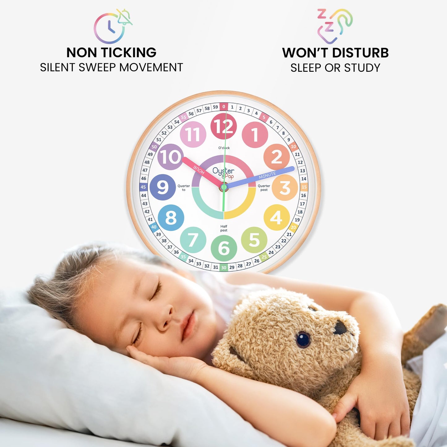 Oyster&Pop Kids Clock - Silent 10" Pastel Analog Learning Wall Clock - Award-Winning Telling Time Teaching Clock for Kids - Bedrooms Homeschool & Classrooms - Includes eBook