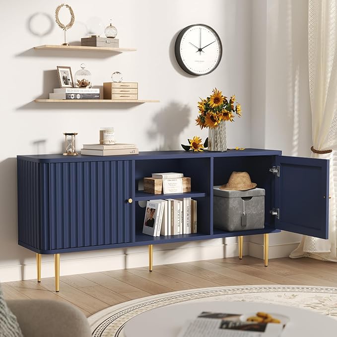 ARTPOWER 55” Fluted TV Stand, Mid Century Modern Blue TV Stand