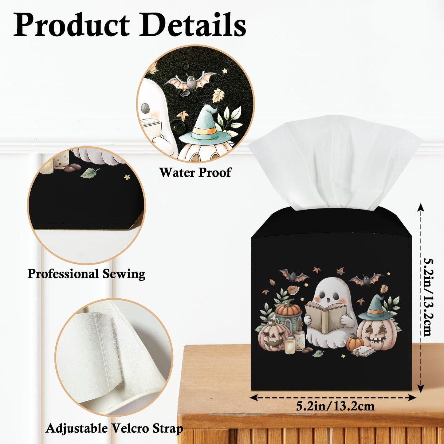 Ghost Pumpkin Tissue Box Covers Square, Leather Tissue Holders Decorative for Home Office Bathroom Organizer, Square Facial Paper Organizer Halloween Home Decor -005