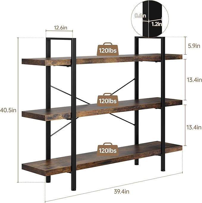 OtterOasis Heavy Duty 3-Tier Industrial Bookcase, 120lbs Shelf Capacity