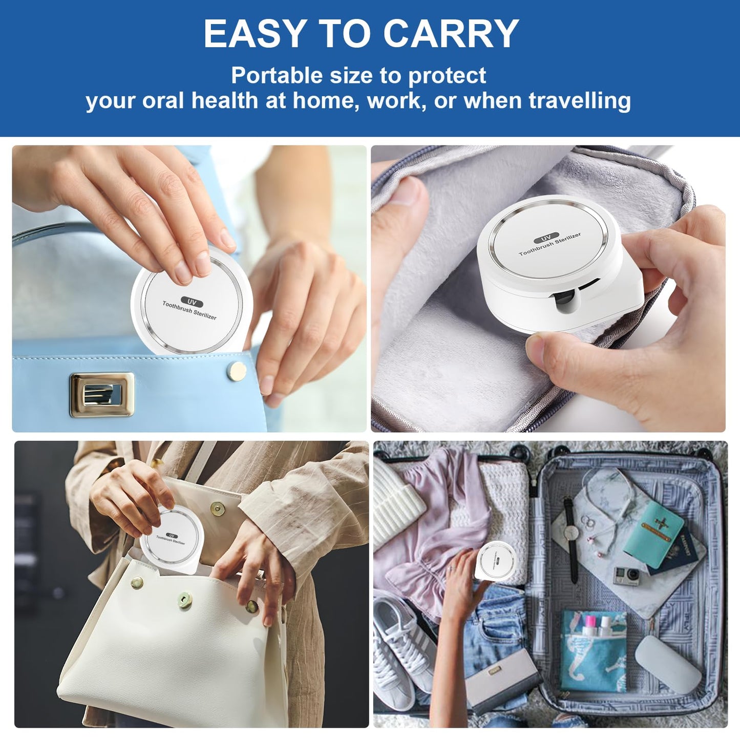 UV Toothbrush Sanitizer Holder, Toothbrush Sanitizer and Holder Cover Caps with Fan Drying, Rechargeable Portable Toothbrush Cleaner Case Fits Most Electric and Manual Toothbrushes (White)