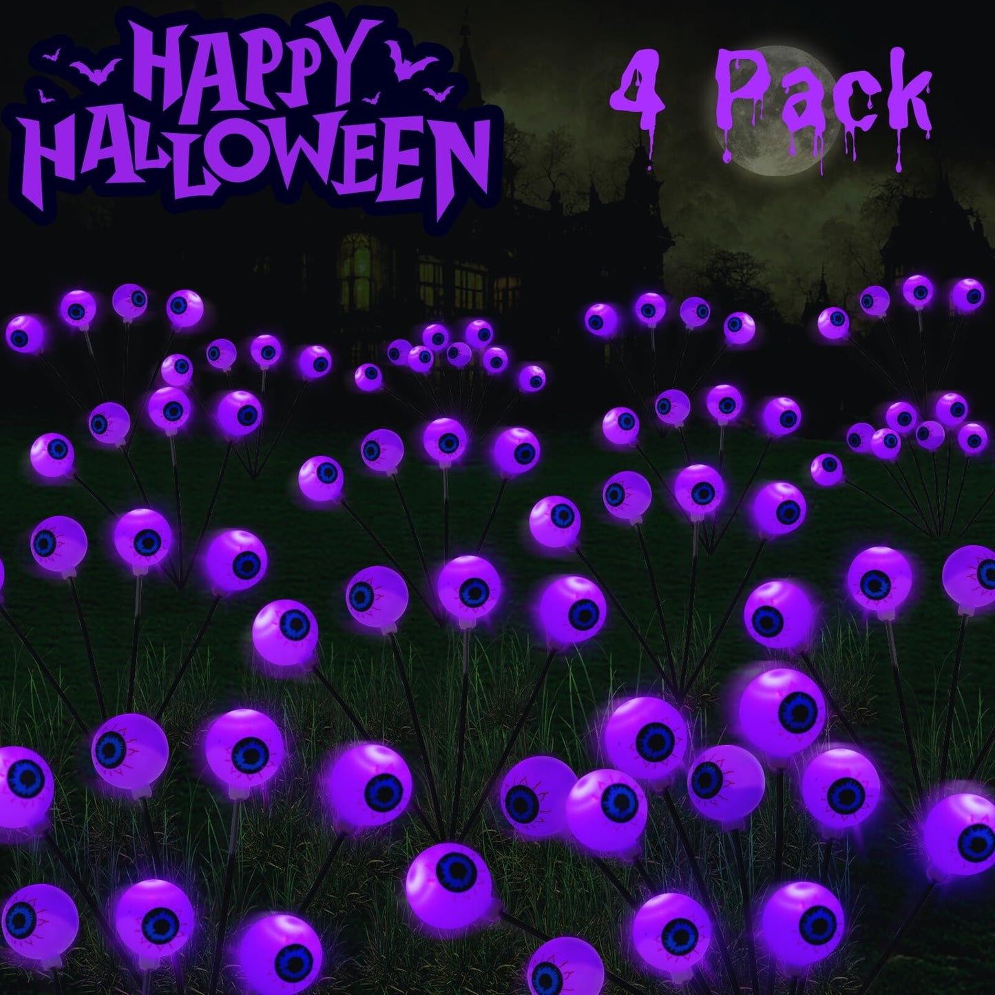 LCHUANG 4 Pack Halloween Decorations Outdoor Lights - 32LED Solar Scary Eyeball Pathway Lights Swaying by Wind, Waterproof Solar Halloween Stake Lights for Garden Porch Lawn Pathway (Purple)