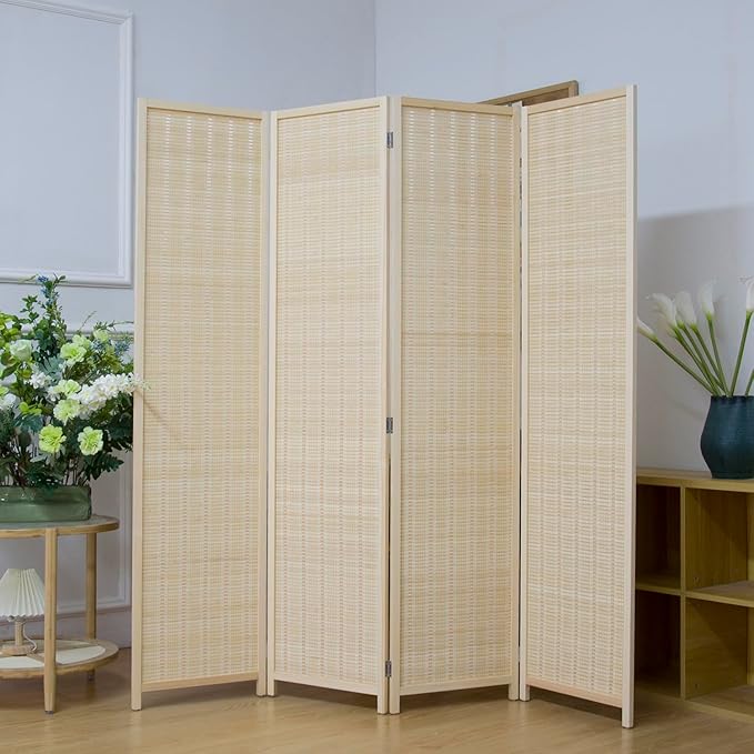 4 Panel Bamboo Room Divider Screen, 5.6 FT Tall Bamboo Divider Folding Privacy