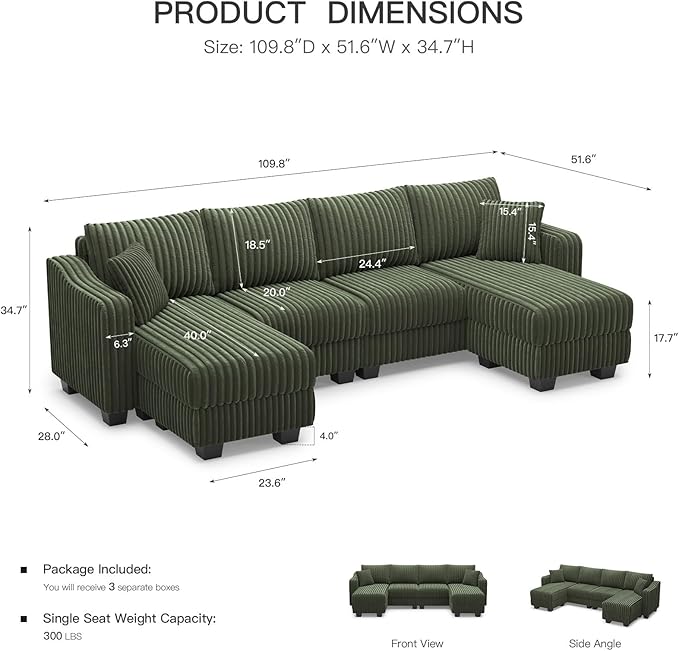 Belffin U Shaped Couch with Reversible Chaises Sectional Couches