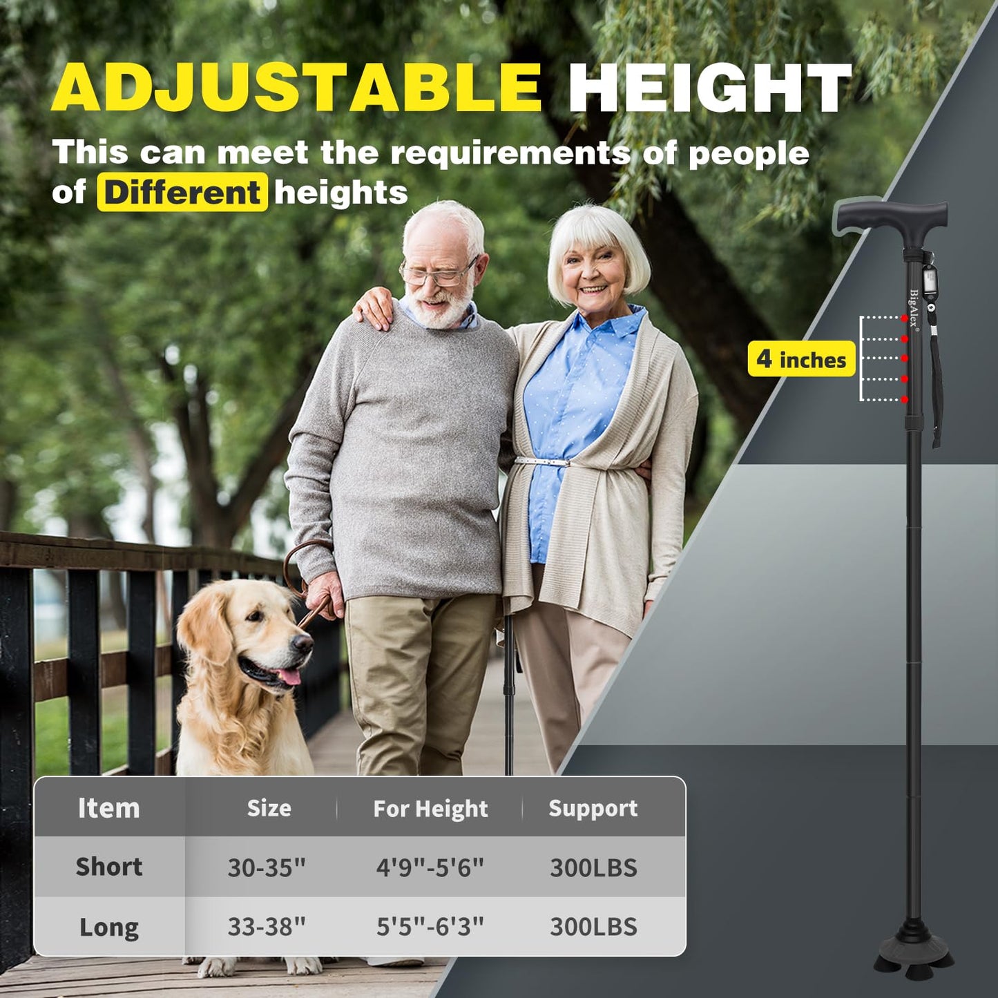 BigAlex Folding Walking Cane for Elderly Adjustable & Portable Walking Stick for Seniors,Pivoting Quad Base,Lightweight,Collapsible with Carrying Bag for Men/Woman