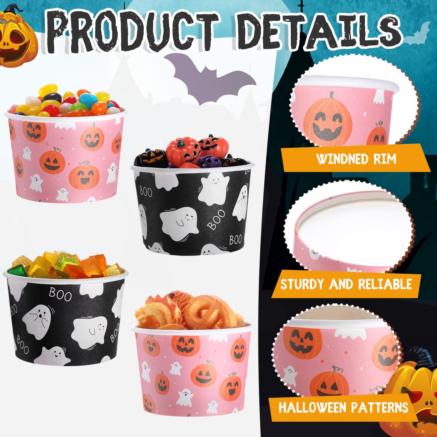 Jingmore 100 Pcs 8 oz Halloween Treat Snack Cups Pink Ghost Pumpkin Disposable Bowls Boo Halloween Paper Bowl for Sundae Frozen Yogurt Soup Birthday Party Supplies