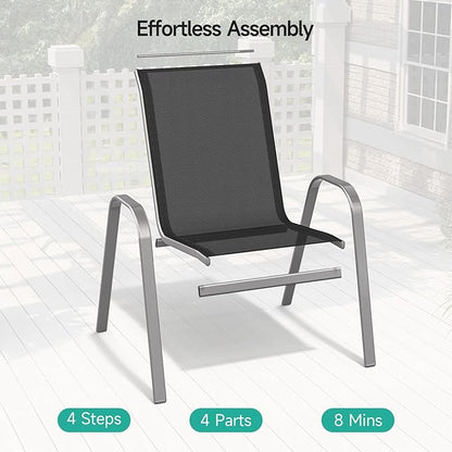 Patio Chairs Set of 2, Easily Set Up Stackable Outdoor Dining Chairs with High Back and Wide Seat, All Weather Breathable Outdoor Chairs Set of 2 with Metal Frame for Backyard Deck Pool, Black