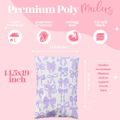 6x9 Designer Poly Mailer 100 Pack Heavy Duty Waterproof Self Seal Shipping Bags for Small Business Large Mailing Envelopes Bulk Tear Resistant Packaging Purple Bows