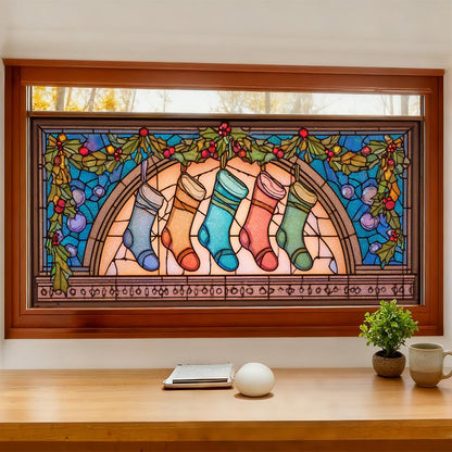 WDESYADMS Window Privacy Film 39x17 Inch Christmas Stockings Stained Glass Design Peel and Stick Static Cling Decorative Window Film for Holiday Living Room Bedroom Glass Door