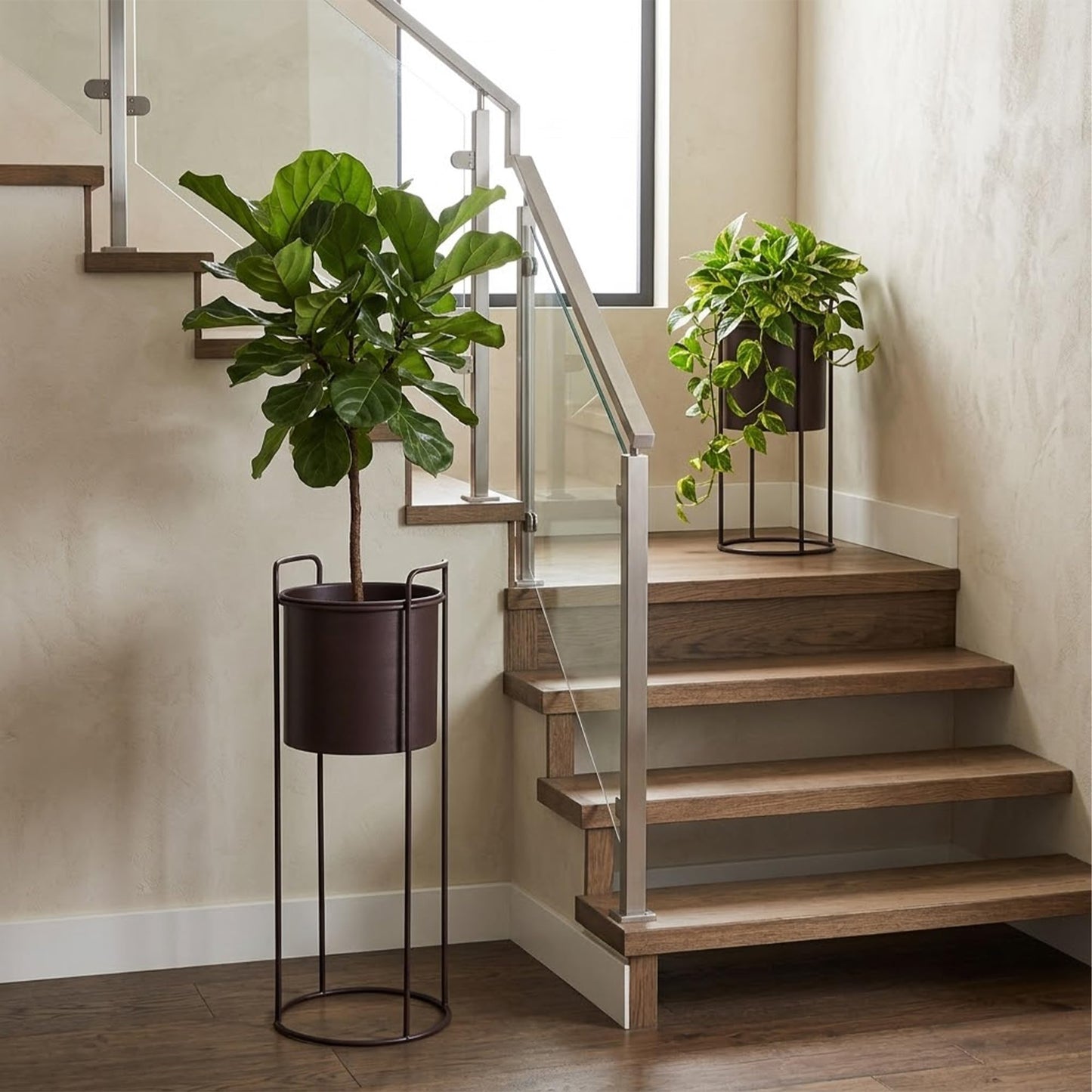 TRIROCKS Set of 2 Planters with Stand Large Metal Planter for Indoor Plants 28 &18" H Plant Pots for Living Room Corner Kitchen Office Garden Balcony Patio Decor(Brown)