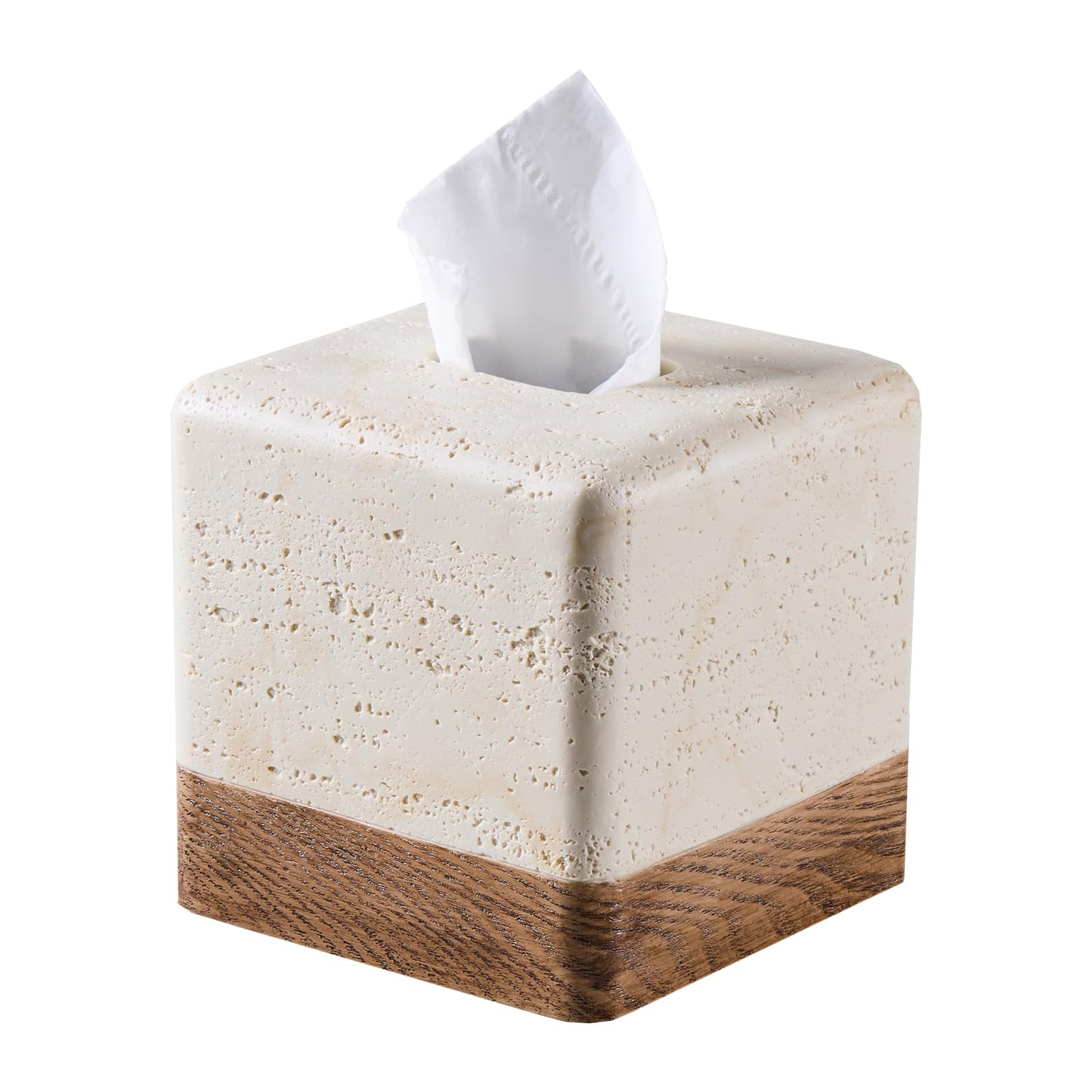 Natural Travertine Match Wooden Square Tissue Box Cover Decorative,Resin Heavy Sturdy Tissue Box Holder, Facial Paper Holder for Bathroom Vanity Countertop, Bedroom Night Stand,Office and End Table