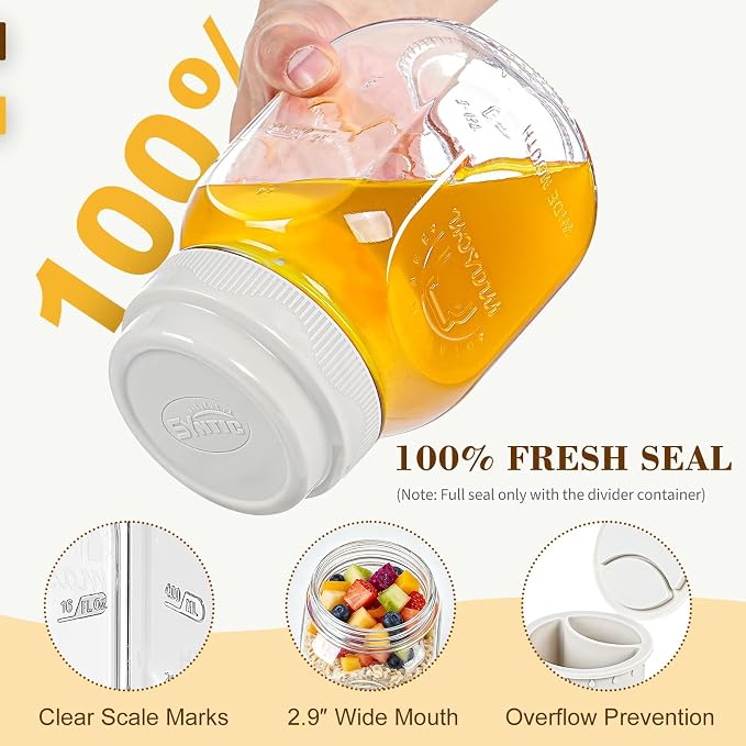 Syntic Glass Overnight Oats Containers with Lids & Silicone Divider, Airtight Reusable 32 oz Mason Jars for Meal Prep, Yogurt Parfait, Chia Pudding, Salad, Cereal, Dishwasher Safe