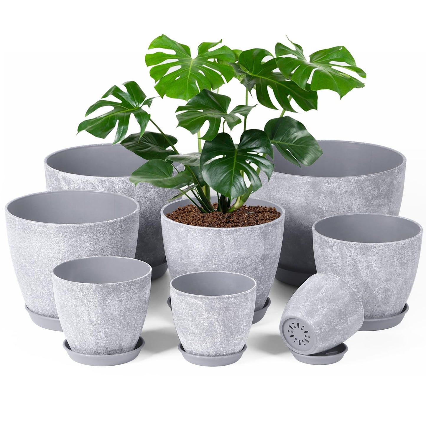 Set of 8 Plastic Planter, 10/9/8/7.5/6.5/5.7/5/4inch Plastic Planter, Flower Pot Indoor Decorative Large Plant Pot, Plant Pots Indoor with Drainage and Saucer for All House Plants (Set of 8)