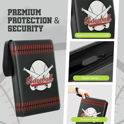 Trading Card Binder with Sleeves 9 Pocket Premium 720 Double Sided Pocket PU Card Collection Binder, Collectible Albums Card Folder for MTG, TCG, Sports Cards（9-Black Baseball）